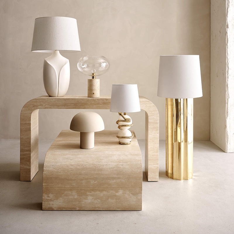 Table Lamp Oversized Dome Shade Mottled Stone Cylindrical Base Earthy