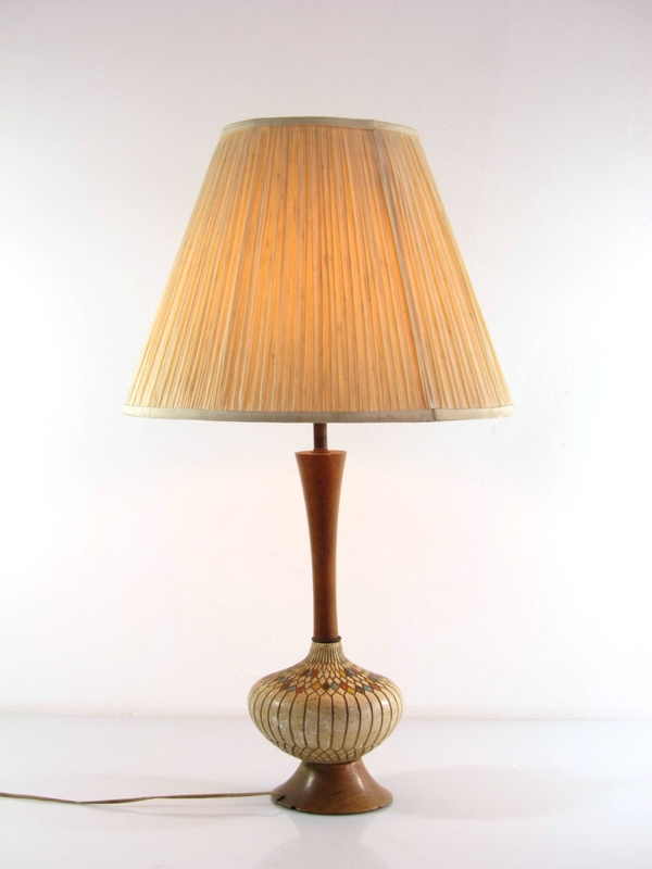 Table Lamp: Oversized Mid-Century Textured Ceramic Base with Wood Neck
