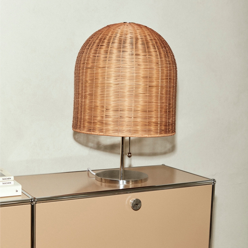 Table Lamp, Oversized Rattan Bell Shade, Polished Metal Base, Modern Coastal