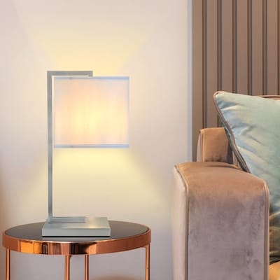 Table Lamp Pair Brushed Steel Slim Base Grey Drum Shades Minimalist