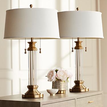 Table Lamp Pair, Clear Glass Body with Brass Accents and Drum Shades