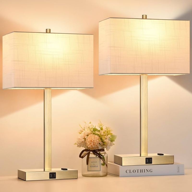 Table Lamp Pair Contemporary Two Tone Gold and Black Base