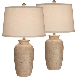 Table Lamp Pair Distressed Stone Like Base Rustic Farmhouse