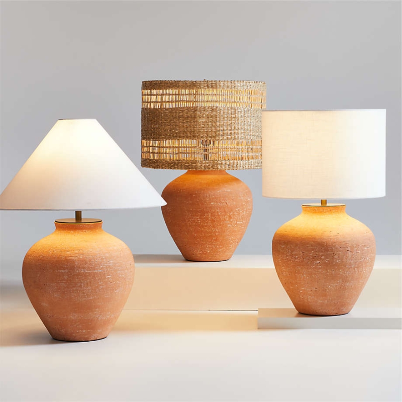 Table Lamp Pair Earthy Pitted Terracotta Tapered Shade