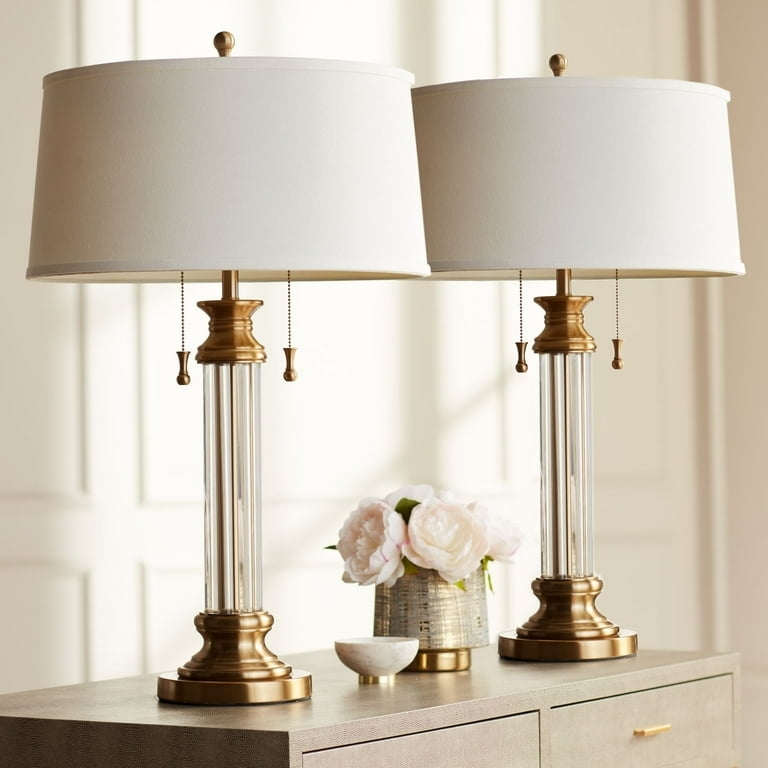Table Lamp Pair Faceted Glass Columns Antique Brass Elegant Lighting
