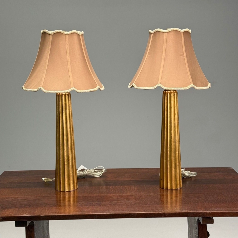 Table Lamp Pair Fluted Column Gilt Metal Hollywood Regency