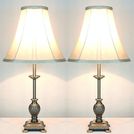 Table Lamp Pair Fluted Urn Base Pleated Shades Antique Brass Finish