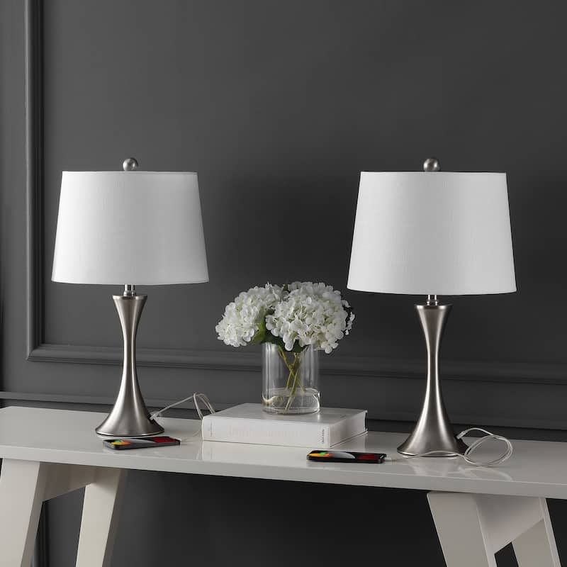 Table Lamp Pair Gold Hourglass Base USB Charging Port