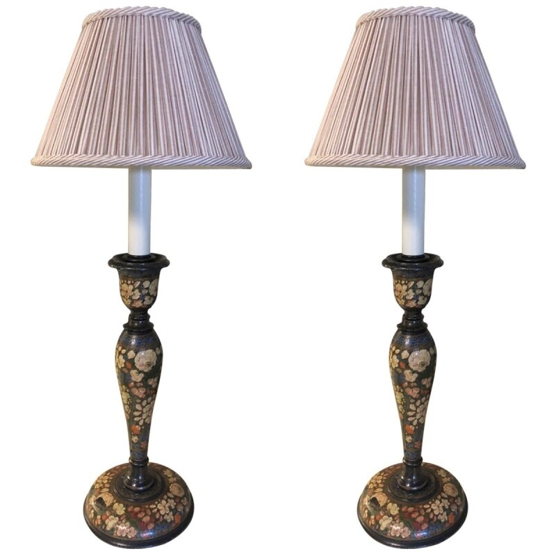 Table Lamp Pair Green Tole Bases Hand Painted Floral Americana Decor