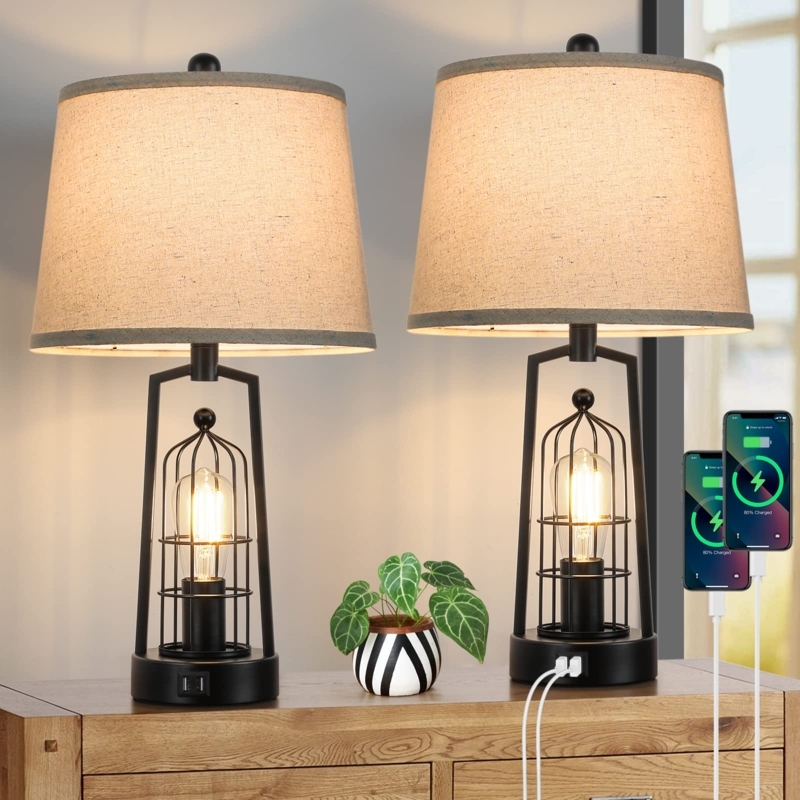 Table Lamp Pair Industrial Farmhouse Dual Light USB Ports Matte Black