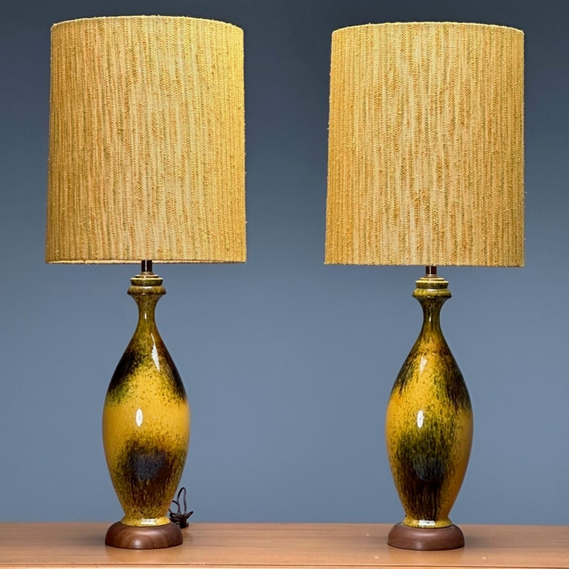 Table Lamp Pair Large Vibrant Yellow Glazed Ceramic Walnut Accents