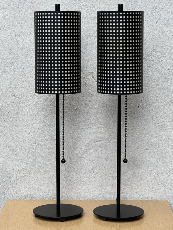 Table Lamp Pair: Mid-Century Ultra-Slim Stems, Two-Toned Metal Shades