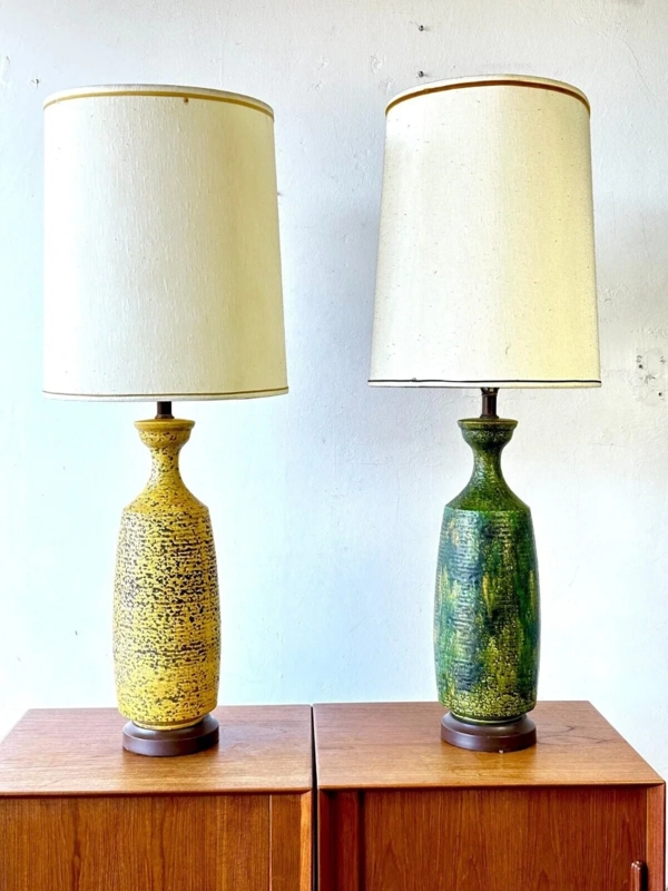 Table Lamp Pair Mismatched Citrus Yellow Green Glossy Ceramic