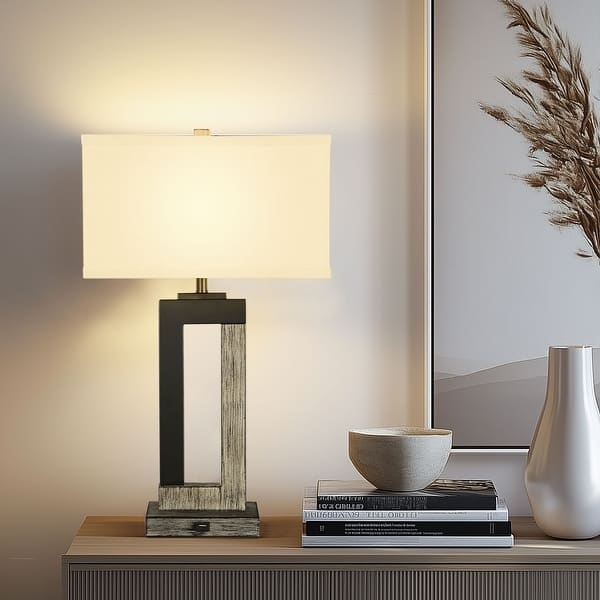 Table Lamp Pair, Modern Farmhouse Wood Open Frame Base.