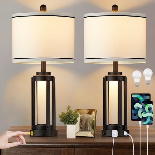 Table Lamp Pair Nightlight Base Charging Ports Bedroom Lighting