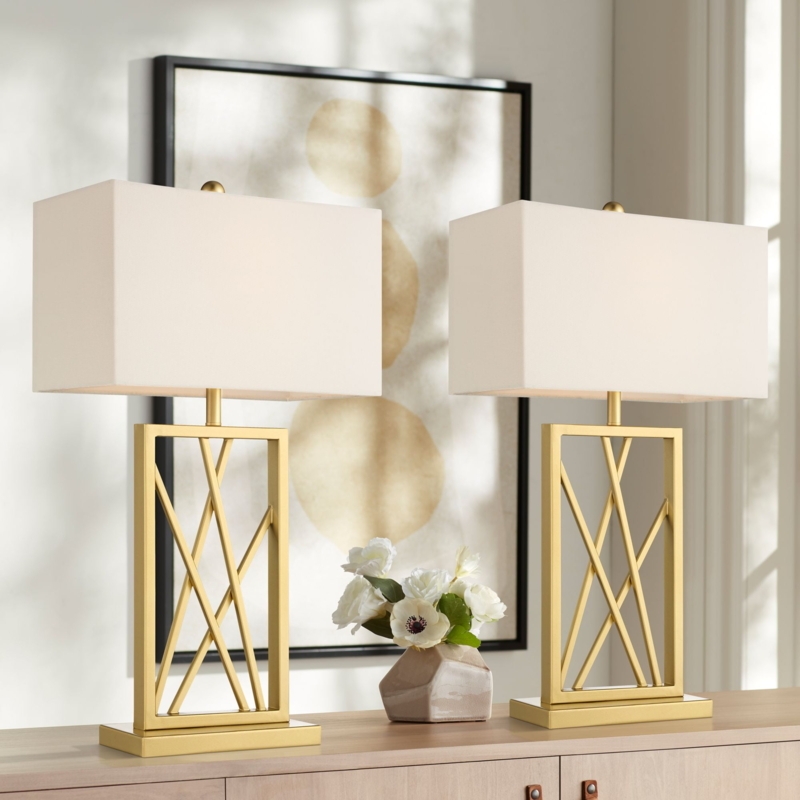 Table Lamp Pair Open Metal Base Gold Finish Geometric