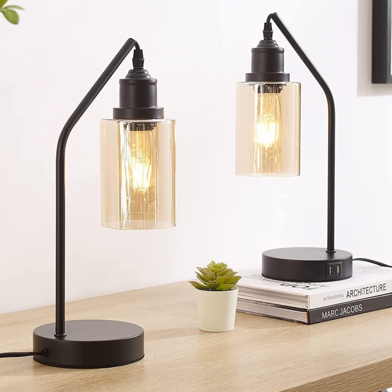 Table Lamp Pair Open Rectangular Frame Matte Black Exposed Bulb USB