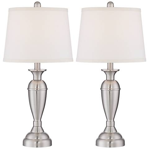 Table Lamp Pair Polished Pedestal Base with Faceted Glass and White Shades