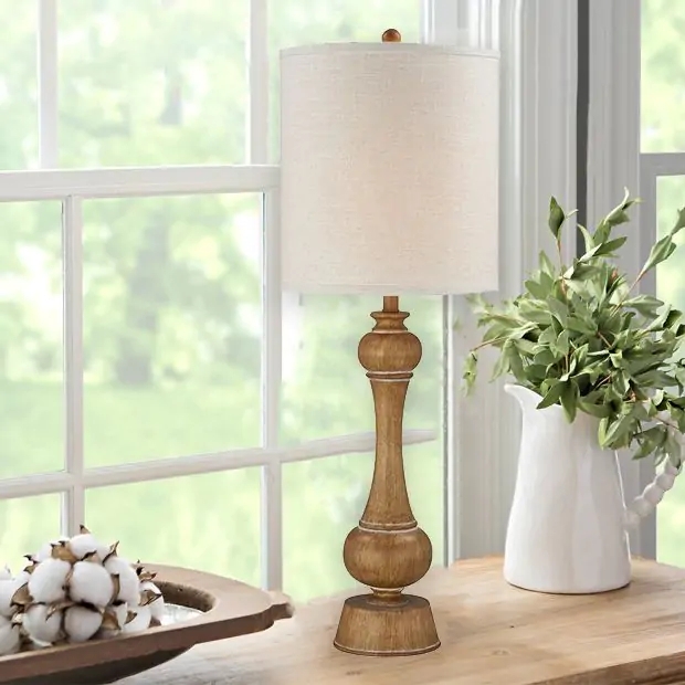 Table Lamp Pair Rustic Column Silhouette Heavily Distressed Finish