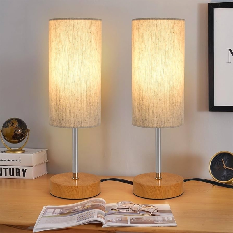 Table Lamp Pair Scandinavian Wood Cylinder Base Linen Shade