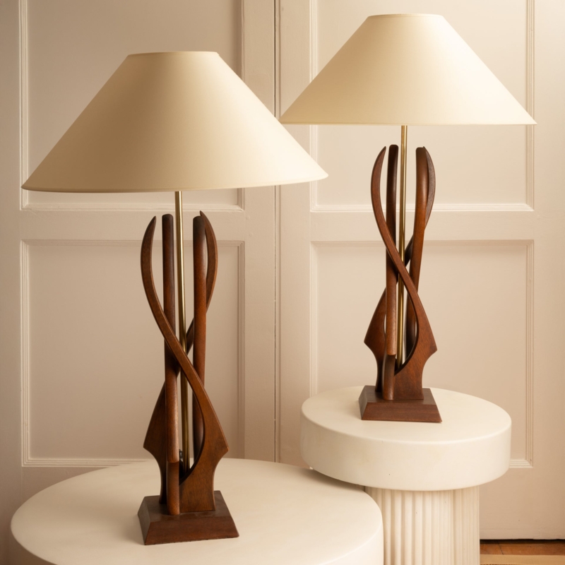 Table Lamp Pair Sculptural Abstract Cutouts Sandy Texture Organic Modern