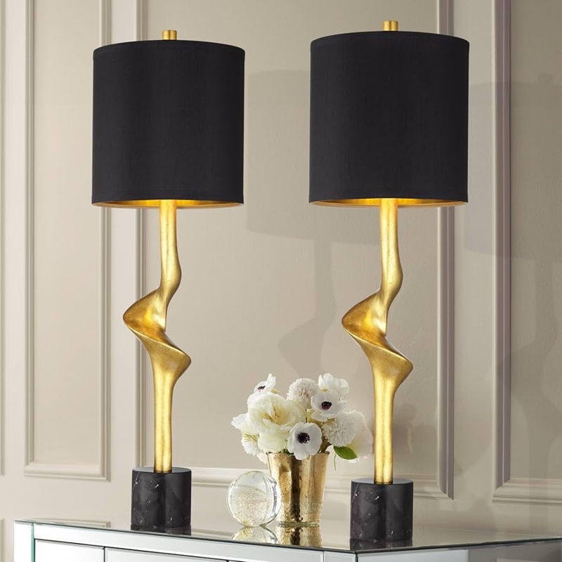 Table Lamp Pair Sculptural Gold Leaf Base Black Shade Luxe