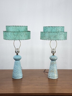 Table Lamp Pair Turquoise Ribbed Base Fiberglass Whipstitch Shades