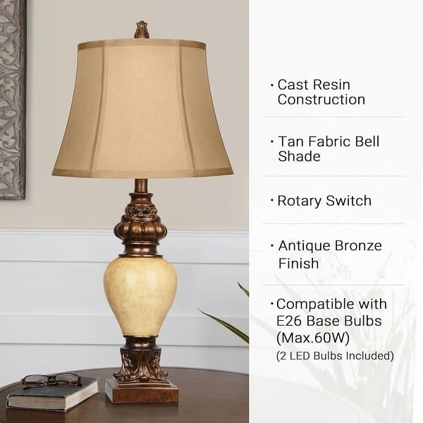 Table Lamp Pair Vintage Bronze Turned Base Bell Shade Traditional