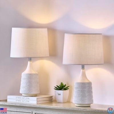Table Lamp Pair White Ribbed Ceramic Base Modern Boho Bedside