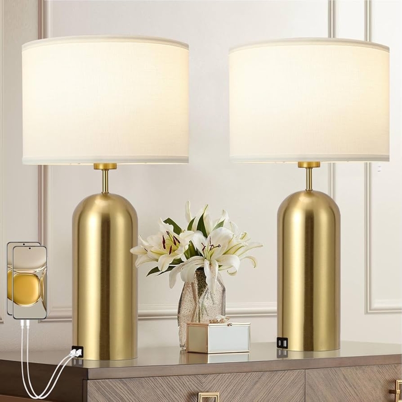Table Lamp Pair with Gold Pedestal Base for Glam Bedside Lighting