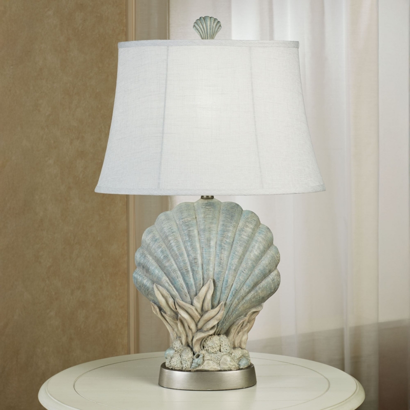 Table Lamp Pale Blue Turned Base Applied Seashell Accents Bell Shade