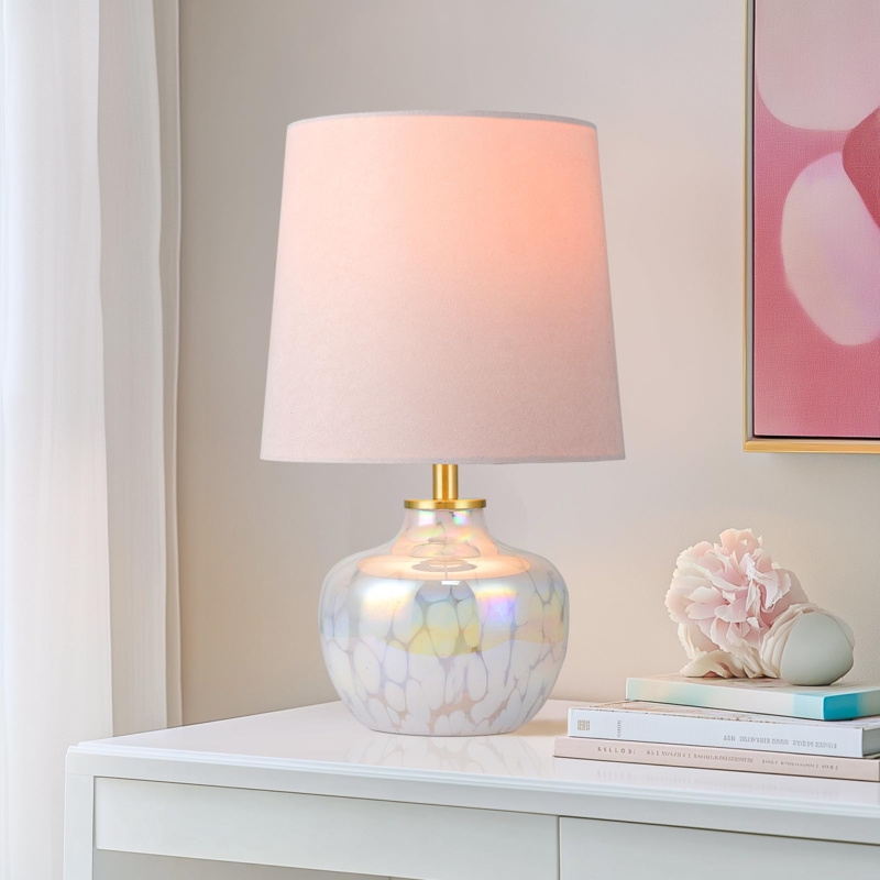 Table Lamp: Pearlescent Swirling Glass Base, Velvet Shade. Whimsical Style.