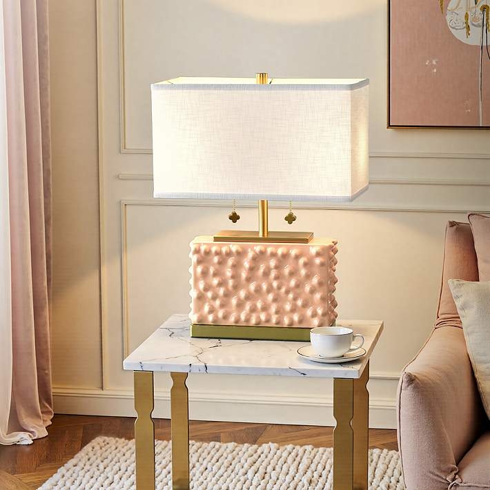Table Lamp: Pearlized Ceramic-Like Bulbous Base, Textured Finish. Bedroom Decor.