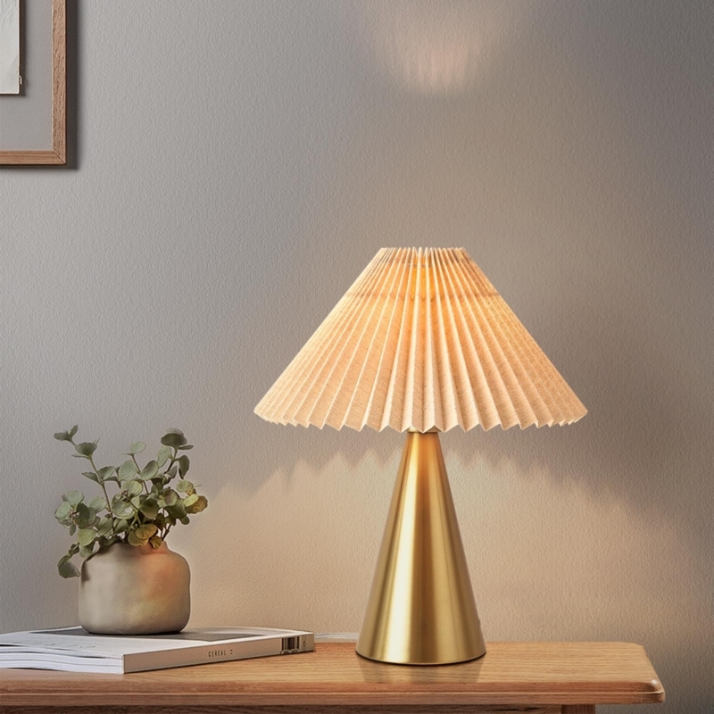 Table Lamp: Petite Polished Gold Base, Pleated Scalloped Shade, Modern Glam