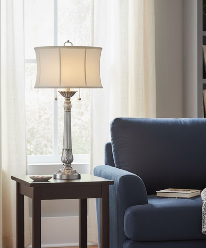 Table Lamp Pewter Finish Turned Pedestal Base Double Pull Chain