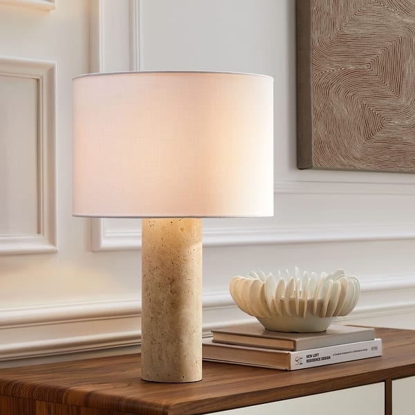 Table Lamp, Pitted Travertine-Like Base, Neutral Fabric Drum Shade