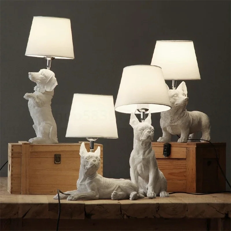Table Lamp: Playful Puppy Silhouette, Faceted Geometric Body, Nordic Style.