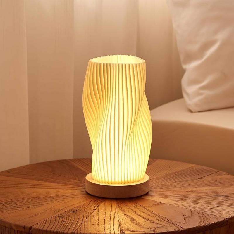Table Lamp Pleated Fabric Shade Wooden Orb Base Vintage Boho