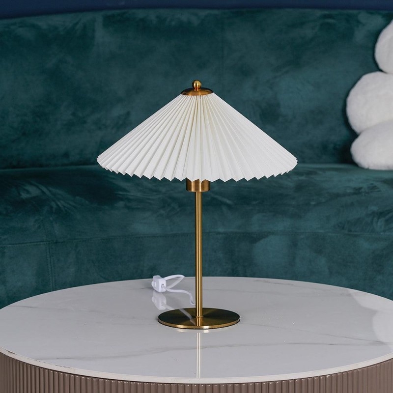 Table Lamp Pleated Mushroom Shade Dark Wood Base Transitional Decor