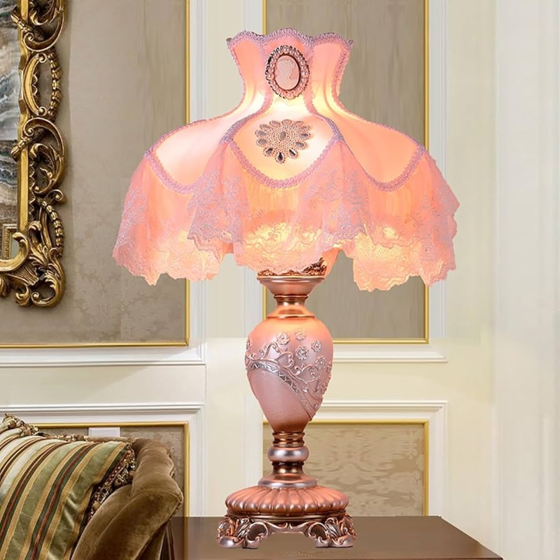 Table Lamp Pleated Shade Beaded Fringe Floral Base Shabby Chic Bedside