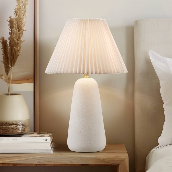 Table Lamp Pleated Shade Matte White Ceramic Ribbed Style Lamp