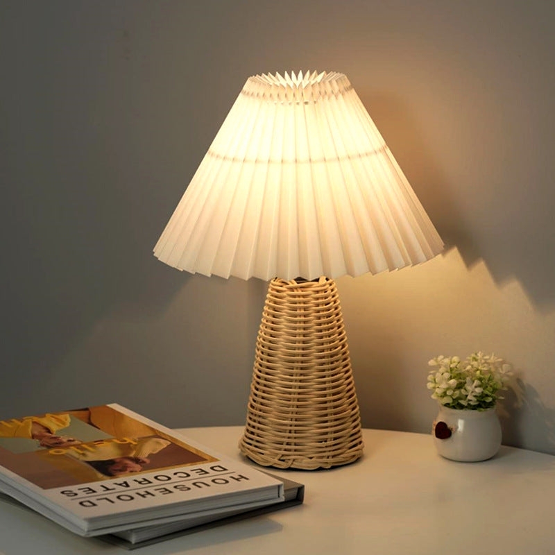 Table Lamp Pleated Shade Rattan Base Contemporary Organic Bedroom