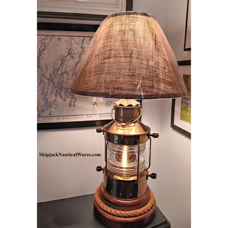 Table Lamp Polished Brass Anchor Lantern Fresnel Lens Nautical