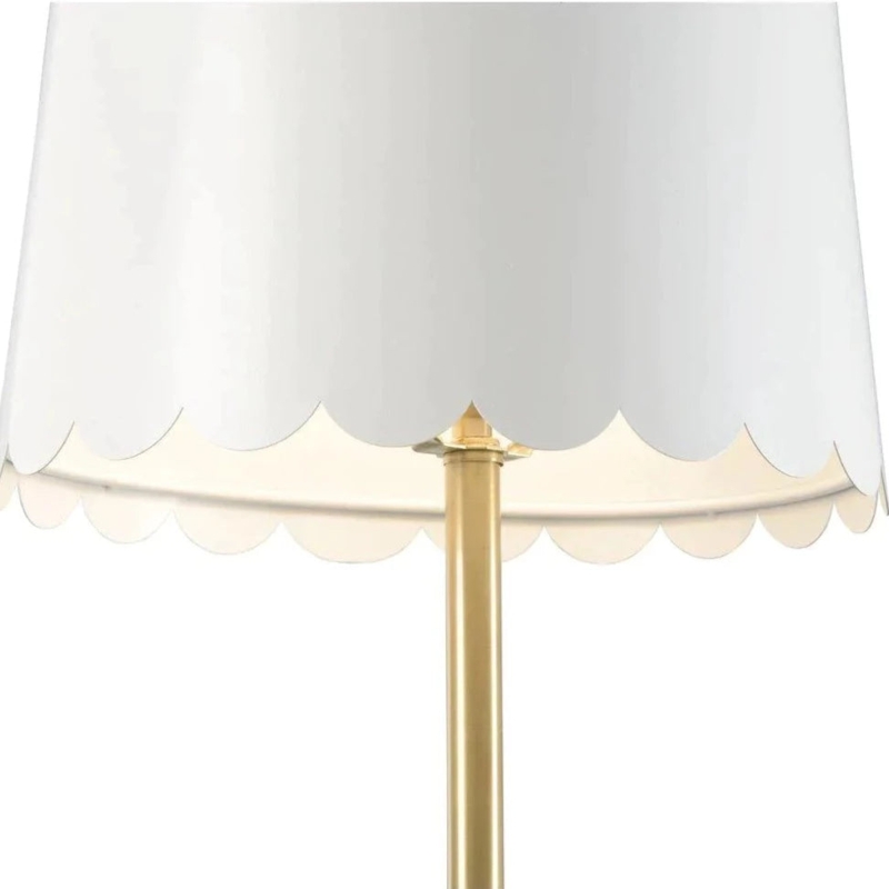 Table Lamp: Polished Brass Round Base, White Scalloped Shade, Traditional Lamp