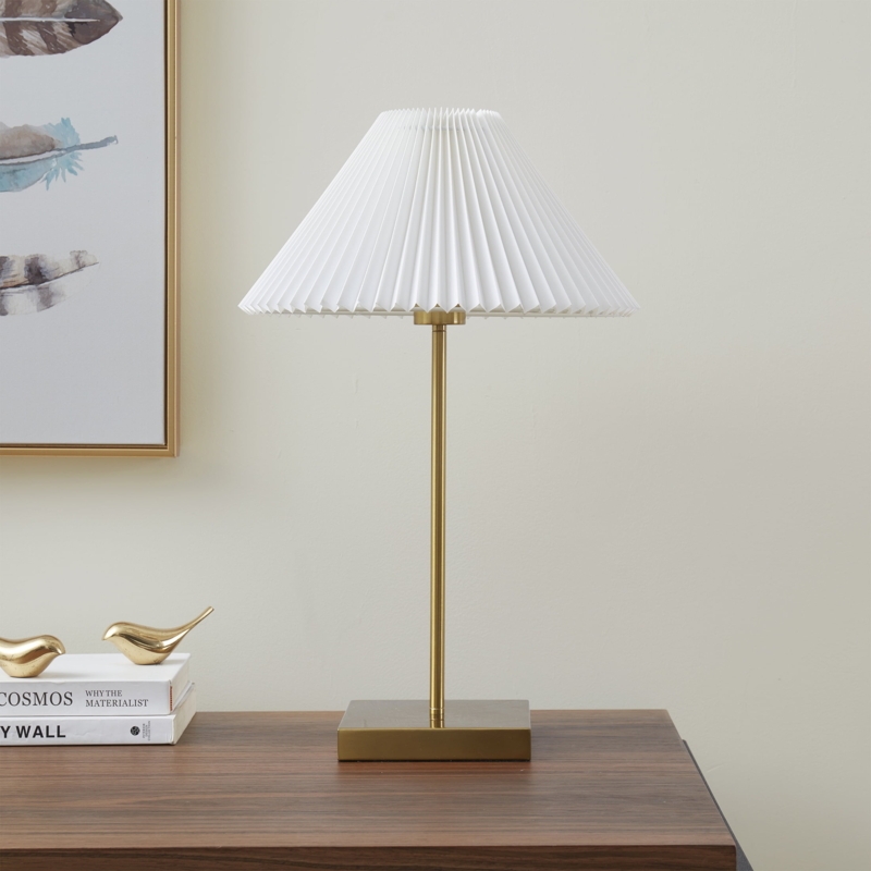 Table Lamp Polished Brass Toned Tiered Base White Pleated Empire Style