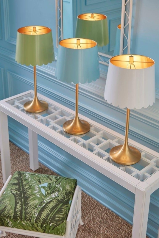 Table Lamp: Polished Brass Trumpet Base, Sky Blue Shade, Coastal Lamp