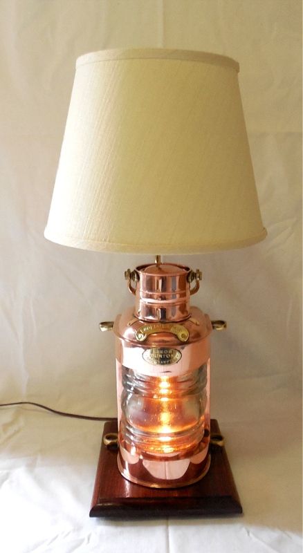 Table Lamp Polished Copper Lantern Base Fresnel Lens White Shade