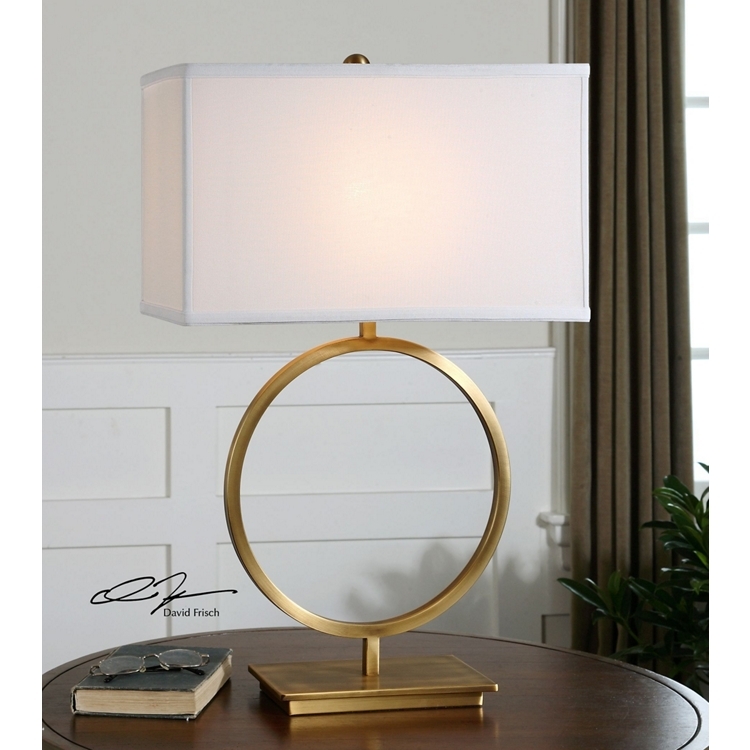 Table Lamp Polished Gold Circular Open Base White Drum Shade Minimalist