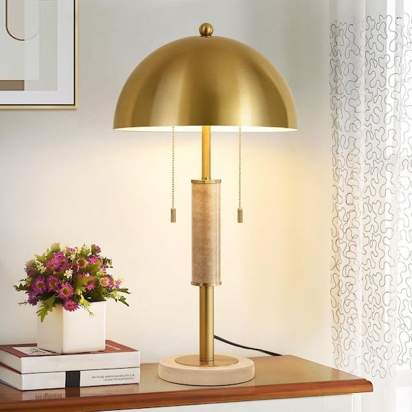 Table Lamp Polished Gold Finish Dome Shade Double Pull Chain Modern