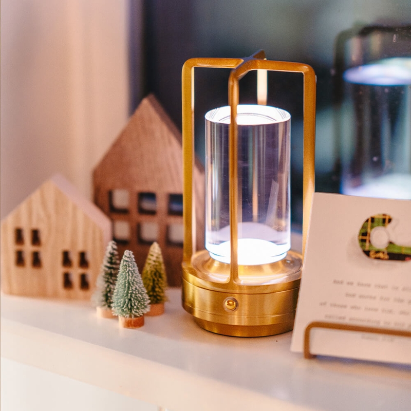 Table Lamp Polished Gold Lantern Prismatic Glass Core Modern Glam